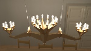 A brass chandelier with 24 glass-enclosed bulbs