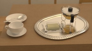 Tableware with complex specular transport, lit by the chandelier